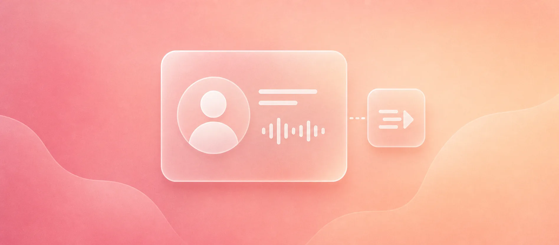 Flat liquid-glass founder profile card with a voice mark and outgoing signal on a rose mesh background