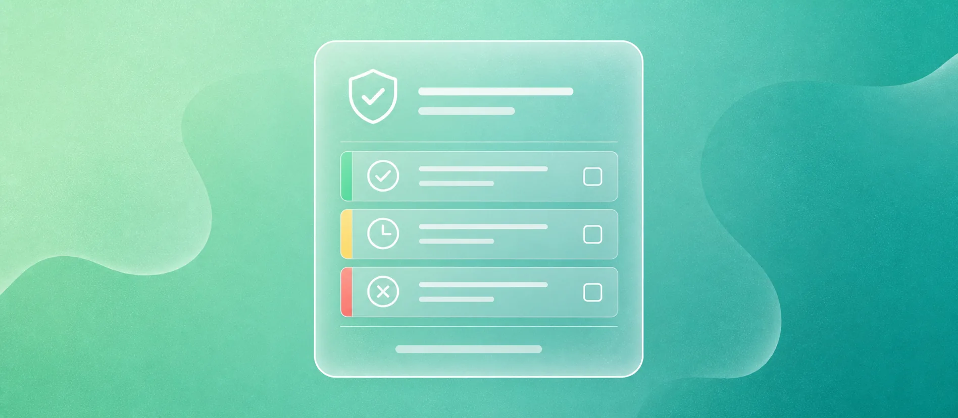 Flat liquid-glass policy checklist with approval lanes on a soft teal mesh background