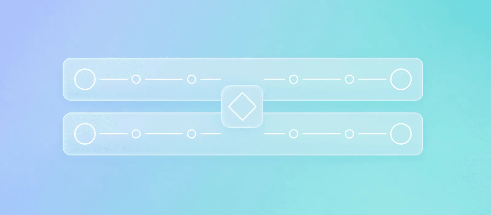 Two flat head-on liquid-glass workflow lanes on a pale blue and turquoise mesh background