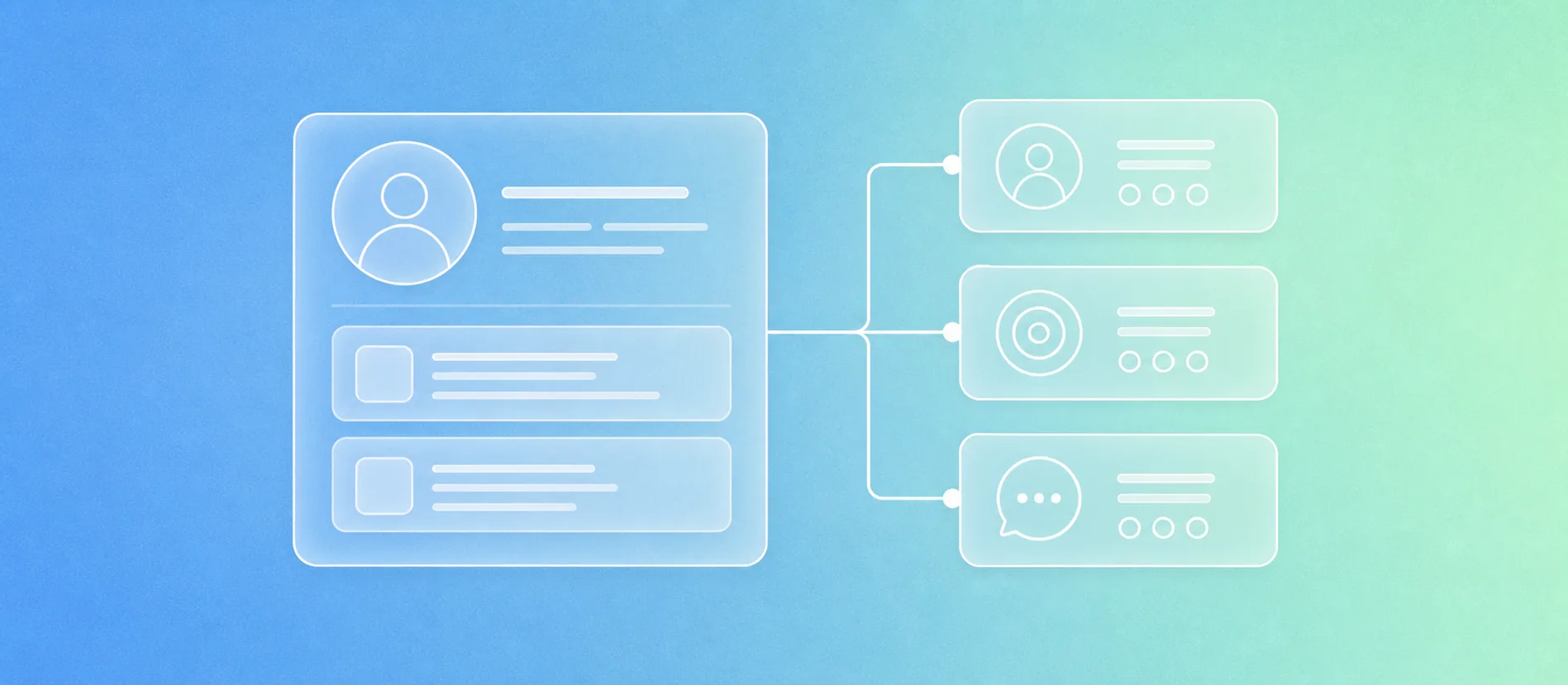 Flat liquid-glass founder profile panel connected to buyer signal cards on a blue and mint mesh background