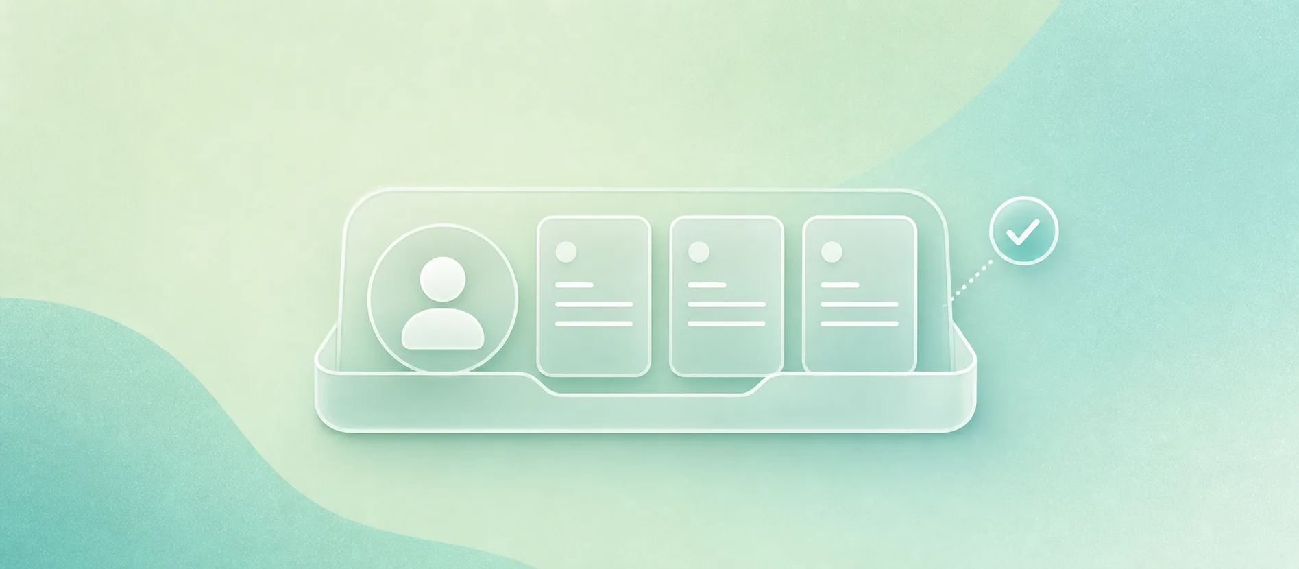 Flat liquid-glass weekly tray with an employee profile, post slips, and buyer signal on a mint mesh background