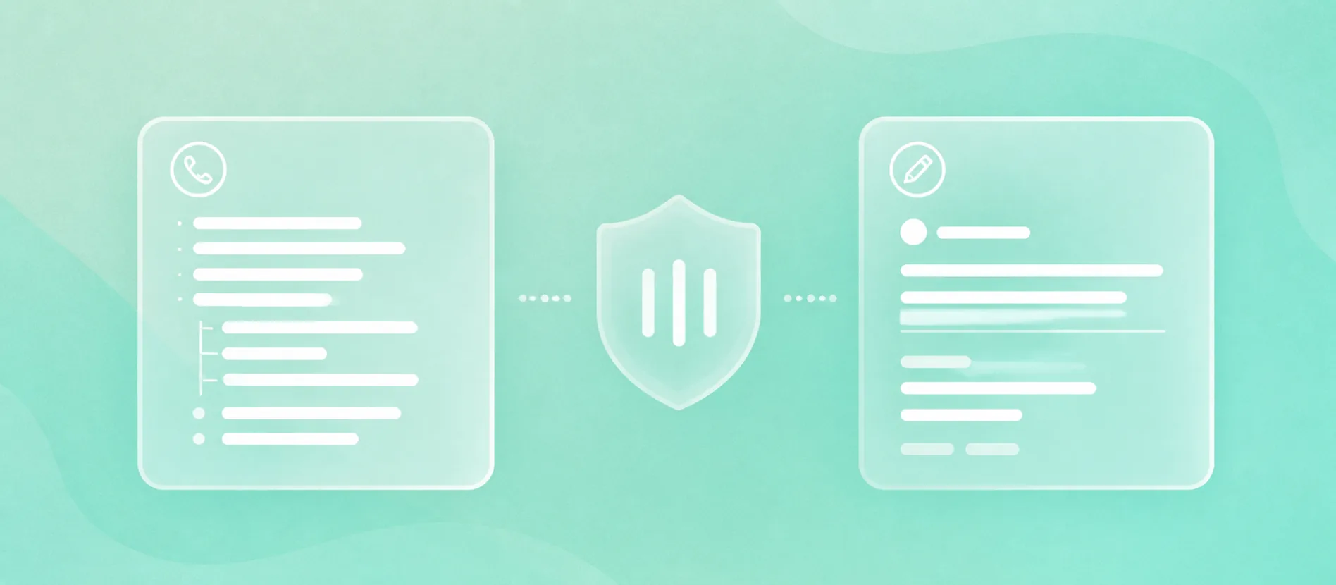 Flat sales-call note passing through a privacy shield into a clean post idea card on a mint mesh background