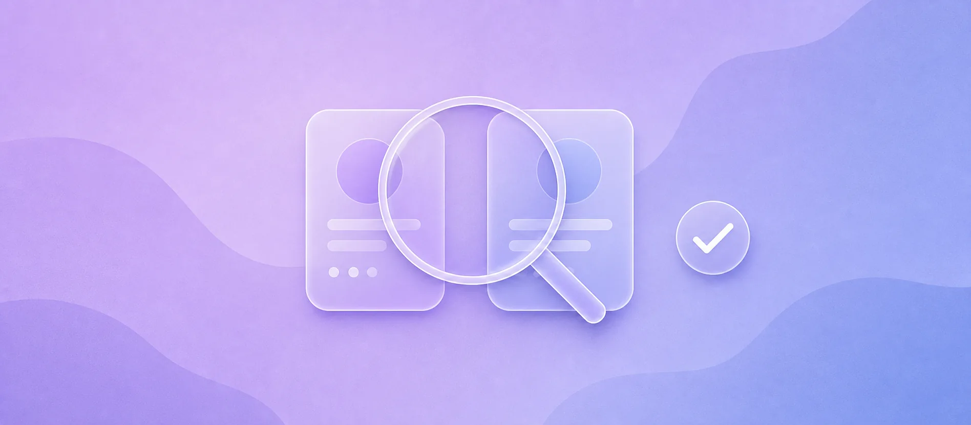 Flat liquid-glass comparison lens over two service cards on a lavender mesh background